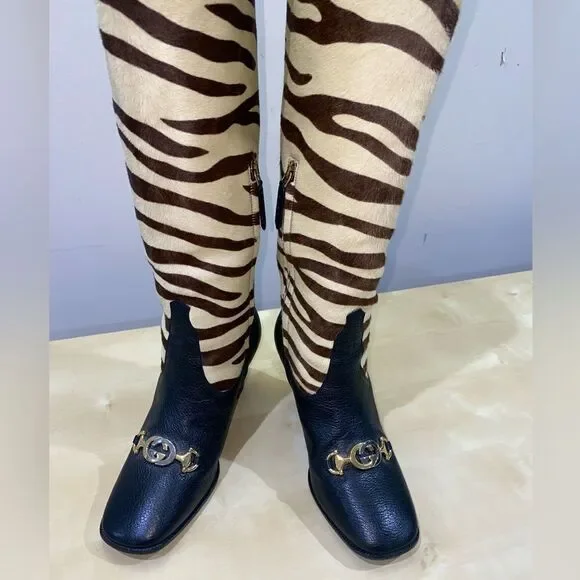 Gucci Zumi Tiger Print Calf Hair Interlocking G Horsebit Knee High Riding Boots - Picture 8 of 10